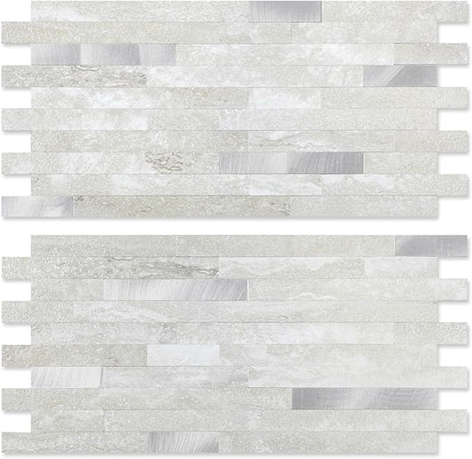 Yipscazo 10 Sheets Peel and Stick Stone Metal Backsplash, PVC Wall Tiles Stick on Tiles for Backsplash Kitchen, Bathroom, Laundry Room, Camper, Fireplace (6'' X 12'', Gray Beige)