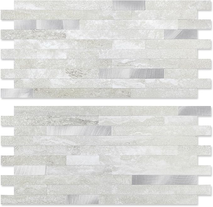 Yipscazo 2 Sheets Peel and Stick Stone Metal Backsplash, PVC Wall Tiles Stick on Tiles for Backsplash Kitchen, Bathroom, Laundry Room, Camper, Fireplace (6'' X 12'', Gray Beige)