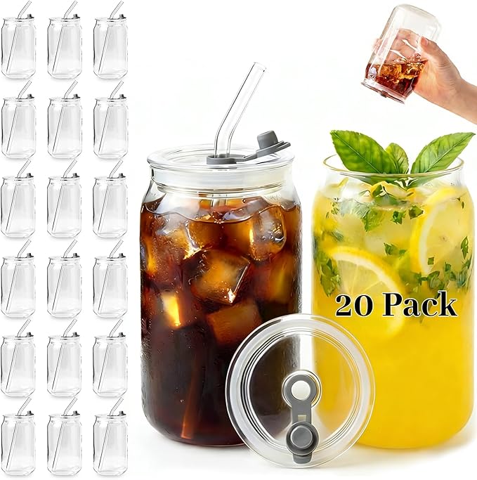 Leakproof Glass Cups with Plastic Lids and Straws, 16oz Iced Coffee Cup, Drinking Glasses Tumbler for Water, Boba Tea, Smoothie - 20pcs