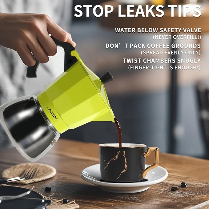 LAOION Stovetop Espresso Maker, 6Cup Moka Pot, Espresso Machine Compatible with Induction Cooktops, 300ml Stainless Steel & Aluminum Cuban Coffee Maker for Cafetera Cubana, Green