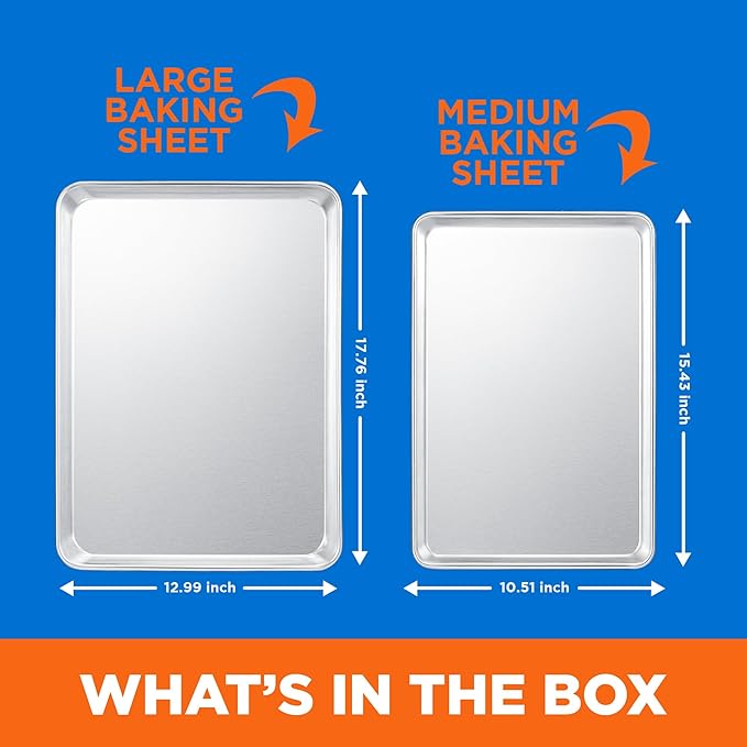 Baking Pan Set - Medium and Large Aluminum Cookie Sheet Pan (10.5" x 15" and 13" x 18"), PFOA, PFOS, PTFE Free, Recipe Booklet Included, Oven Safe, Resist Heat Up To 500° F, Set of 2
