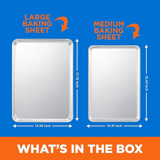 Baking Pan Set - Medium and Large Aluminum Cookie Sheet Pan (10.5" x 15" and 13" x 18"), PFOA, PFOS, PTFE Free, Recipe Booklet Included, Oven Safe, Resist Heat Up To 500° F, Set of 2
