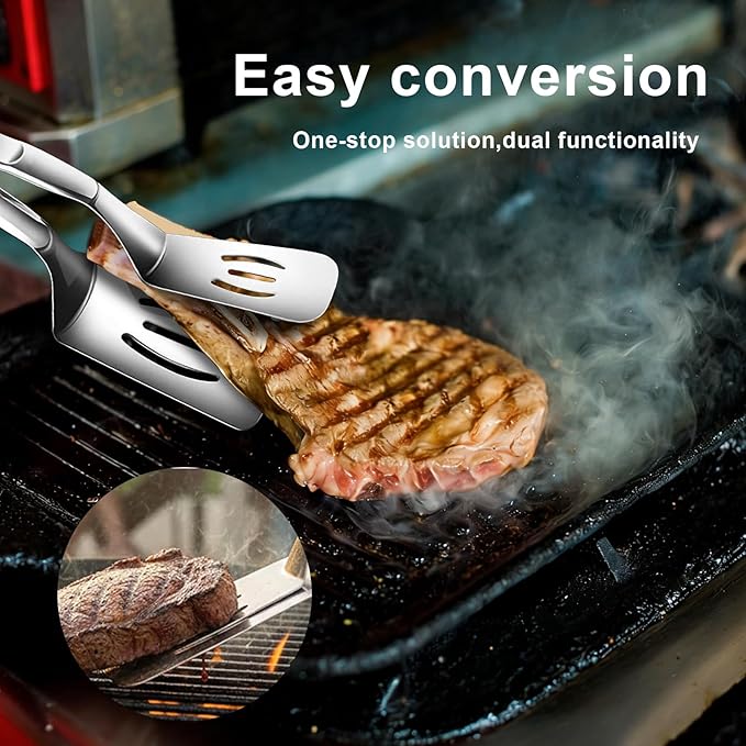 13.3 Inch Stainless Steel Tongs for Cooking, Versatile Stainless Steel Grill Clamp Anti-Scald Extended Handle Spatula Tong Perfect for Flipping, Grilling, Cooking, Frying, and Griddling (3)