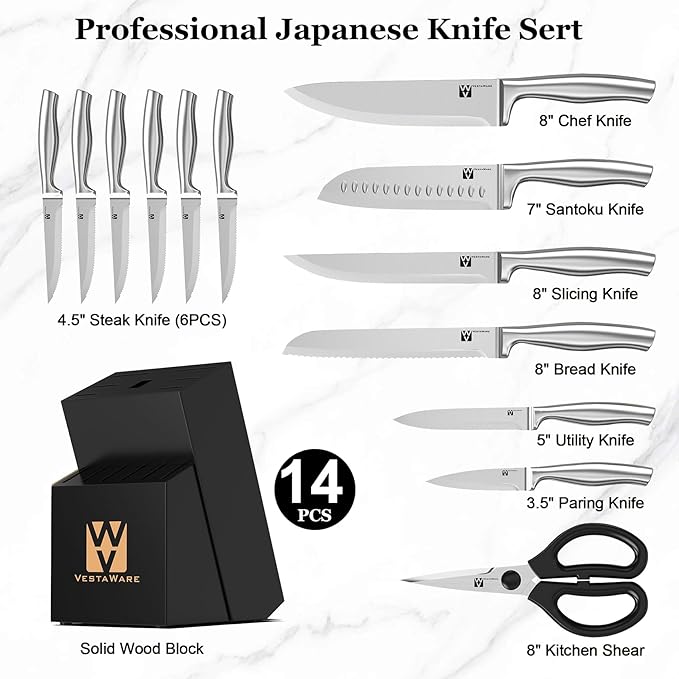 Knife Block Set, Razor-Sharp Kitchen Knife Sets, Stainless Steel Knife Set with Block, 14 Pieces Knives Set for Kitchen, Black Chef Knife Set, Dishwasher Safe, Gifts for Men