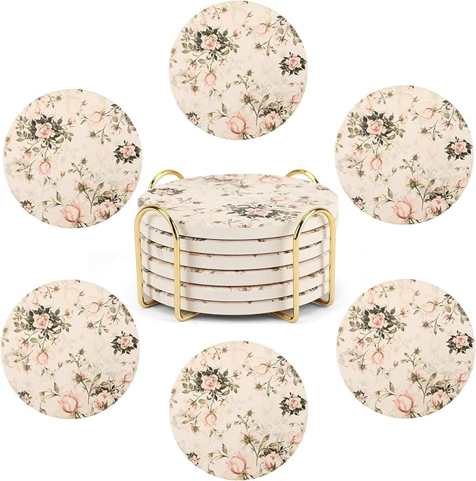 Coasters for Drinks, Set of 6 with Holder, Topdea Floral Rose Absorbent Ceramic Coasters, House Waming Gifts, Room Decor and Accessories