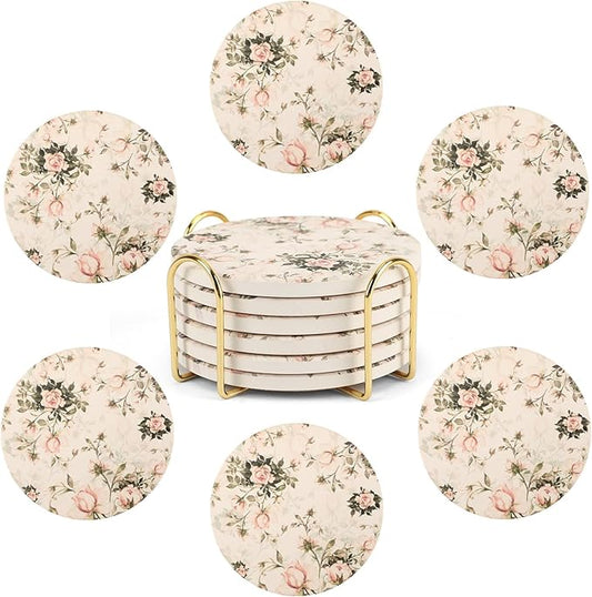 Coasters for Drinks, Set of 6 with Holder, Topdea Floral Rose Absorbent Ceramic Coasters, House Waming Gifts, Room Decor and Accessories