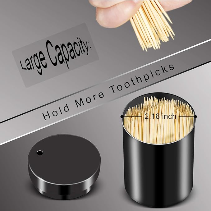 Stainless Steel Metal Toothpick Holder Dispenser, Tooth Picks Lot Container with 500 Pieces Bamboo Round Toothpicks for Teeth Appetizer and for kitchen (Black)