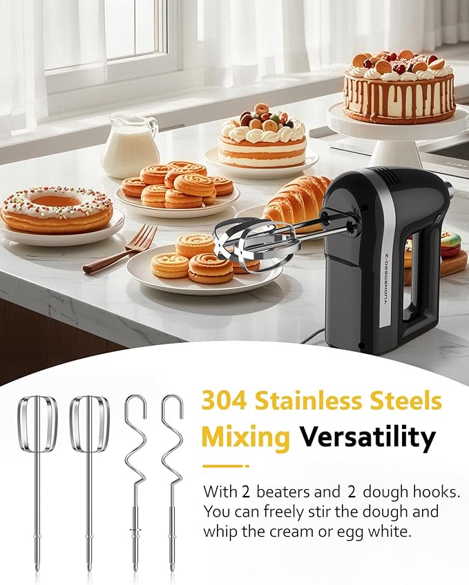 Z-DESDEMONA Electric Hand Mixer, Powerful 300W Hand Mixer Electric Handheld with 304 Beaters, Dough Hook,Hand Held Mixer with Turbo for Baking Cakes, Eggs, Cream Food(Black)