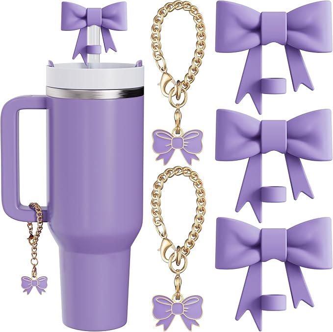 Compatible with Stanley Cup Accessories - 3Pcs 10mm Bow Straw Topper Compatible with Stanley Cup Straw Cover Cap, 2pcs Purple Bow Charms for 30&40 Oz Tumbler with Handle
