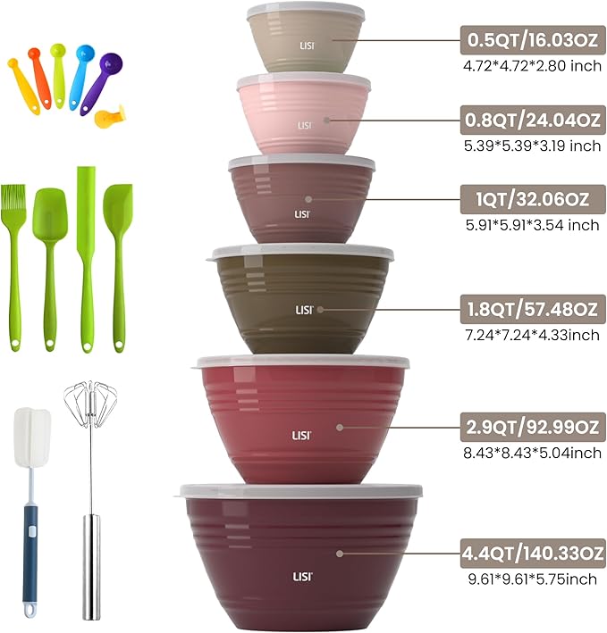 LISI 6 Pack Mixing Bowl Set with Lids, Plastic Bowls for Kitchen, Nesting Salad & Meal Prep Bowls, BPA-Free, Large Storage Bowl with Airtight Lids