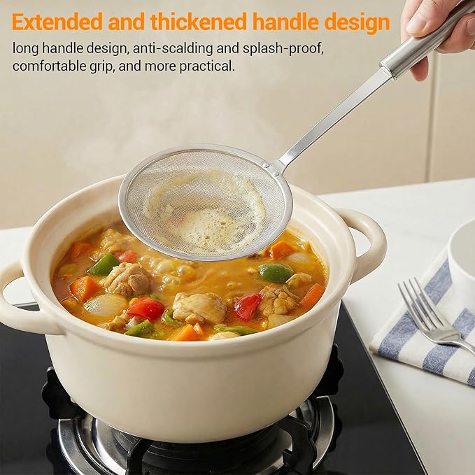 2 Pcs Stainless Steel Strainers Fine Mesh Colander with Handle 2025 Upgrade Extra Fine Mesh Strainers for Cooking Skimmer Spoon Filte Grease Foam Oil Filter Food Strainer Kitchen Gadgets (Small+Large)