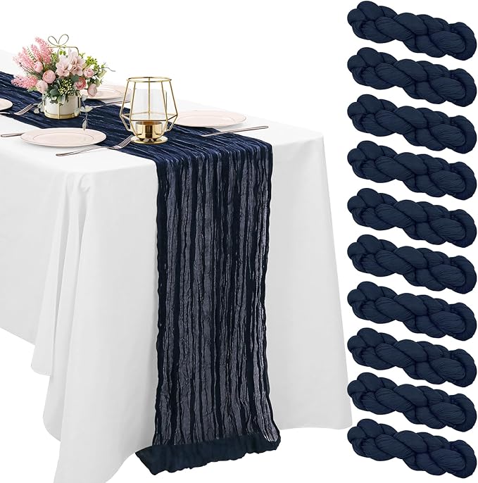 10 Pack Navy Blue Cheesecloth Table Runner 10FT Boho Gauze Fabric Table Runner Vintage Rustic Sheer Runners for Wedding Party Bridal Baby Shower Long Table Decorations
