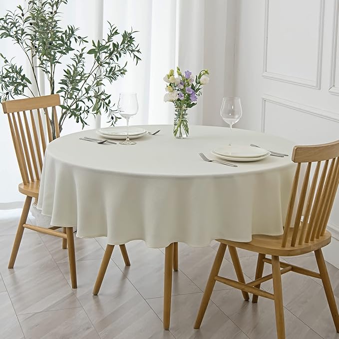 maxmill Round Textured Tablecloth Spill-Proof Wrinkle Free Soft Jacquard Table Cloth for Circular Table Cover, for Dining Room Buffet Banquet Parties Holiday Dinner, 70 Inch Ivory