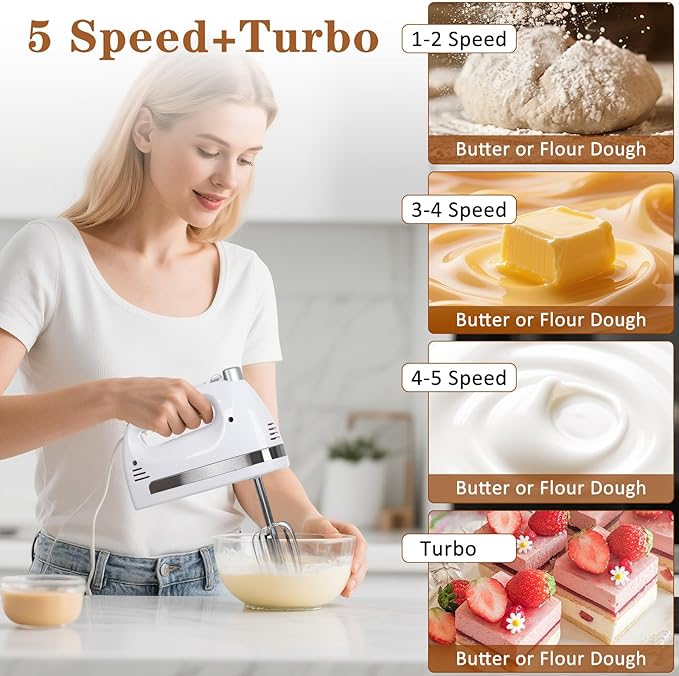 KBOBEY 450W Electric Hand Mixer, 5-Speed Handheld Mixer with Storage Case, Turbo & Eject Button, Includes 2 Beaters & 2 Dough Hooks for Baking, Cake, Egg, Cream (White)