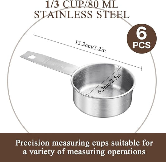 Lainballow 6 pcs 1/3 Cup Measuring Cup, Stainless Steel Measuring Cups, 80 ml | 80 cc | 3 oz | Engraved Marking Single Measuring Scoops, Metal Measuring Cup for Kitchen Baking & Cooking