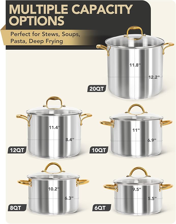 MICHELANGELO Stainless Steel Stock Pot with Lid - 12 Quart Soup Pot with Ergonomic Handle, Large Cooking Pots for StewSoup, Suitable for All Stoves