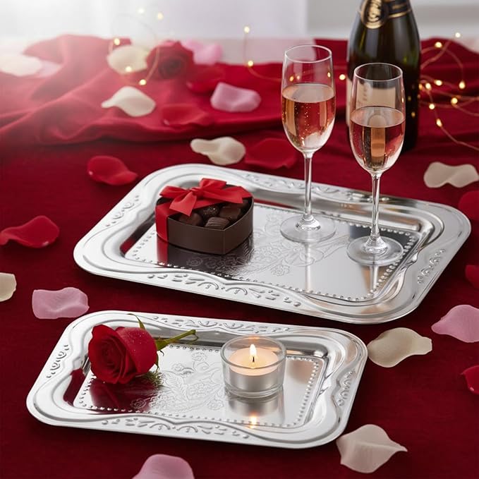 4-Pack Silver Serving Trays Set - ZENOVLUX Lightweight Bow Floral Engraved Mirror Decorative Tray, 13.8" x 8.7" Party Platters for Valentine's Day, Food, Appetizer, Charcuterie, Cookies, Desserts