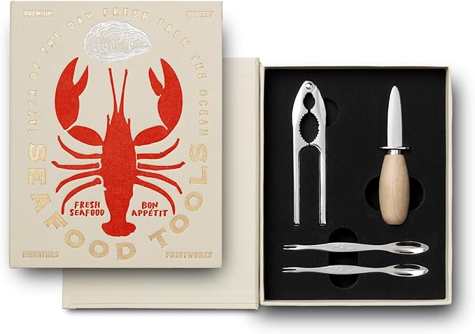 Printworks The Essentials, Seafood Tools – Seafood Tools Set with Oyster Knife, Shell Cracker & 4 Seafood Picks in Elegant Book-Style Case