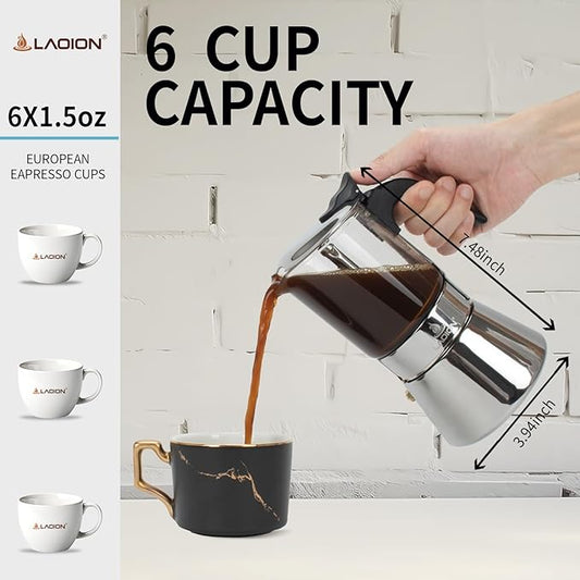 Stovetop Espresso Maker, 6Cup 240ml Classic Moka Pot, Crystal Glass-top & Stainless Steel Coffee Maker Mocha Pot, Greca De Cafe, Cuban and Italian Coffee Maker for Cafetera Cubana