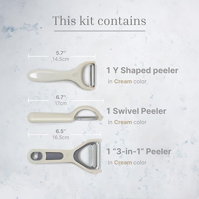 Vegetable Peeler 3-Piece Set – Swivel Cutter, Y-Shaped Slicer, and Julienne Peeler with Bottle Opener and Built-in Eye Remover – Stainless Steel Blade with Comfortable Handle for Kitchen – Cream