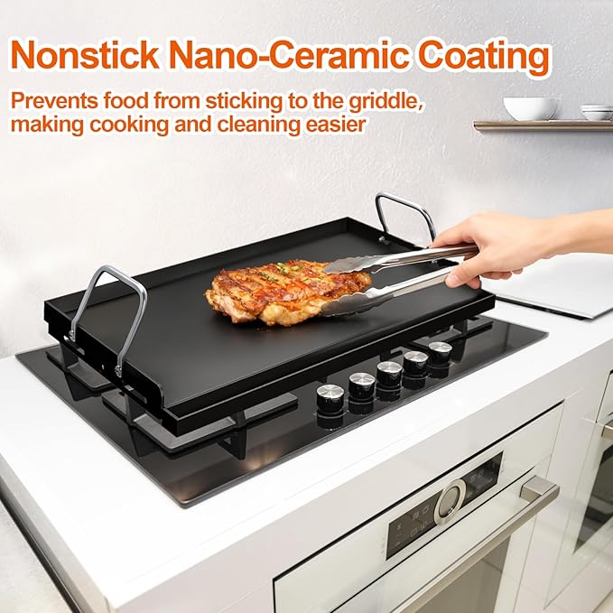 17" x 13" Cast Iron Griddle for Gas Grill, Universal Flat Top with Nano-Ceramic Nonstick Coating, Grease Groove and High Sidewalls, Griddle Plate Insert for Camping, Tailgating and Parties