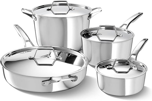 Calphalon Premier Polished 5-Ply Stainless Steel Cookware Set w/Turbo Heat Tech 8 Piece Includes Frying Pans, Pots and Pans Set, Induction, Oven Safe 500F, Silver