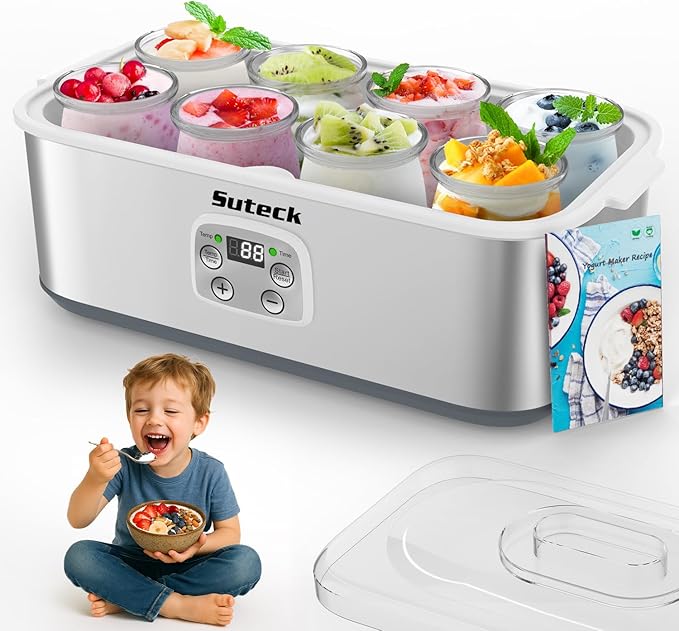 Suteck Yogurt Maker - Stainless Steel Yogurt Makers with Adjustable Time & Temp Control，Automatic Shut-Off & Constant Temper for Homemade Greek, Probiotic Yogurt, BPA-Free 8 Glass Jars (48 oz)