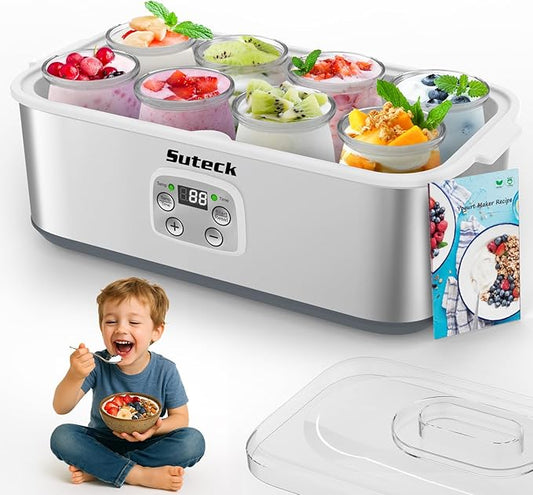 Suteck Yogurt Maker - Stainless Steel Yogurt Makers with Adjustable Time & Temp Control，Automatic Shut-Off & Constant Temper for Homemade Greek, Probiotic Yogurt, BPA-Free 8 Glass Jars (48 oz)