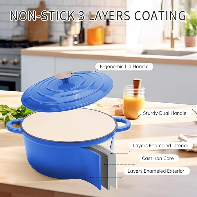 CookNexa 6 Quart Enameled Cast Iron Dutch Oven Pot with Lid and Silicone Accessories, Oven Safe up to 500°F or on Stovetop, Non-stick Dutch Oven for Bread Baking, Cooking, Dual Handles Cookware, Blue