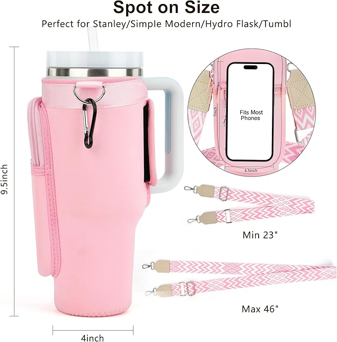 LOKASS Personalized Water Bottle Holder with Strap for Stanley Cup Accessories 40 oz Tumbler, Initial Water Bottle Carrier Bag/Phone Pocket, Mother's Day/Birthday Gifts for Women/Girls