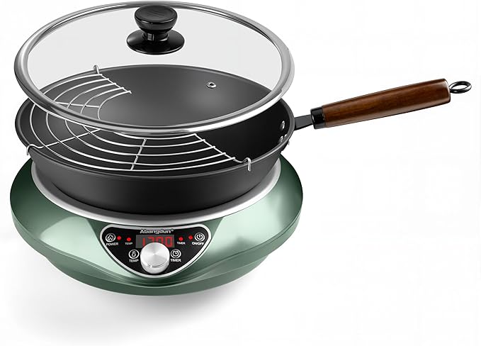 Abangdun 1700W 120V Wok Induction Cooktop,Non-Pulse Heating,16 Levels,18H Timer,13.4" Nitrided Carbon Steel Wok Set w/Lid&Steaming Rack,Round-Bottom Wok+ Flat Pan Compatible (<9"), Wok-Style Stir-Fry
