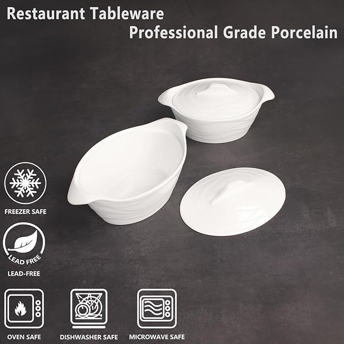 8" x 6" Ceramic Casserole Dish with Lids 31 Oz White French Soup Tureen Bakeware Set with Handle - 10 IN, Chip and Crack Resistant Baking Dish, Microwave, Dishwasher, Oven, Fridge Safe