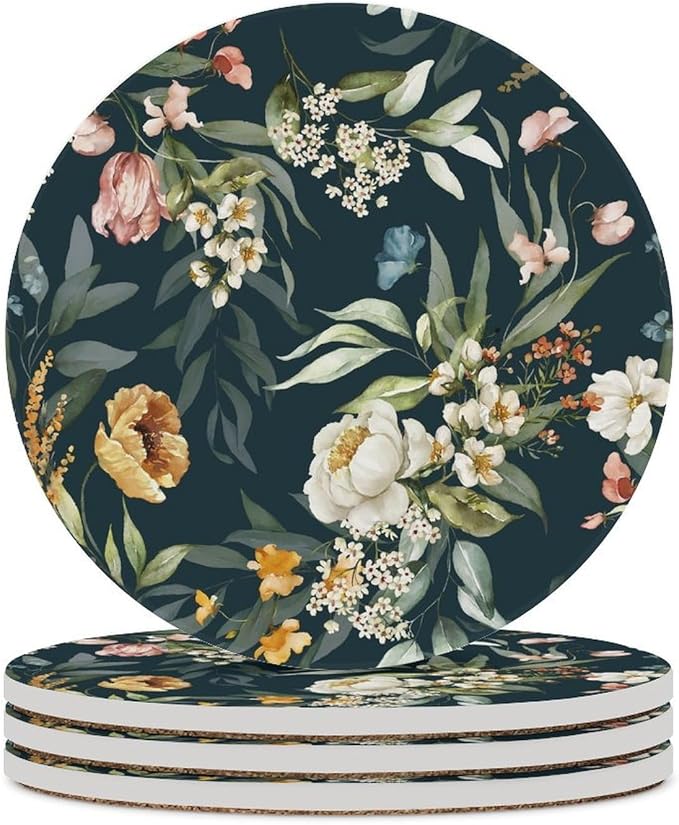Round-4PCS Floral Ceramic Coasters, Round Absorbent Drink Coasters, Watercolour Leaf Flower Herb Nature Plant Floral Ceramic Table Coasters for Coffee, Beverage, Wine, Beer Coasters