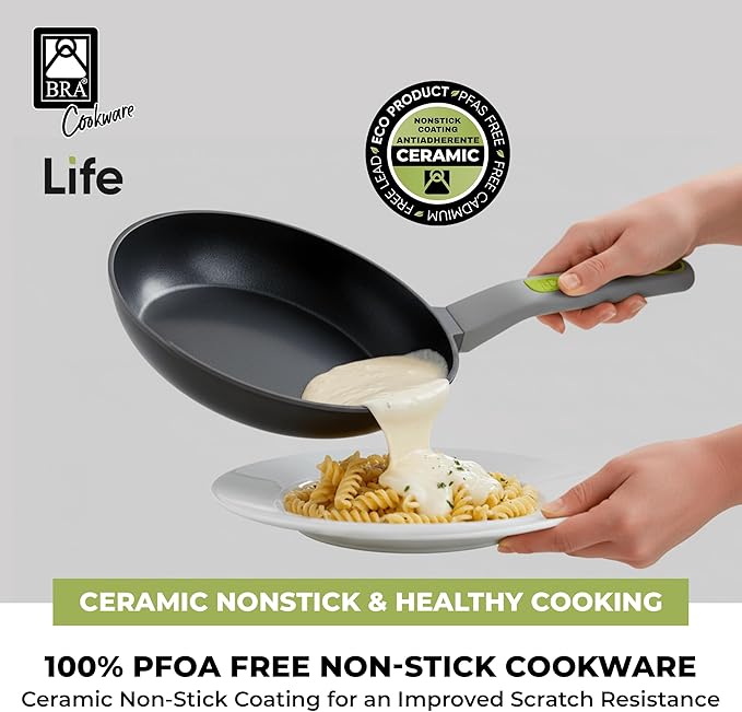 BRA COOKWARE Life Ceramic Nonstick Frying Pan | 9.5 Inch Recycled Cast Aluminum Skillet | Ceramic Non-Stick Fry Pan | PFOA Free Searing Skillet | All Cooktops (incl. Induction) | Soft-Touch Handle