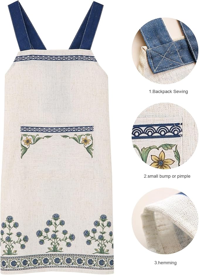 patdrea Blue Floral Linen Apron with Pocket,French Kitchen Garden Chef BBQ Aprons for Women and Men,Crisscross Back Straps