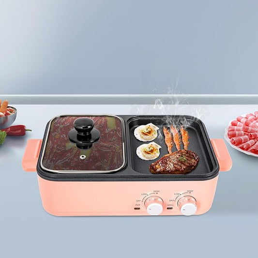 Electric Hot Pot with Grill, 2-in-1 Indoor Electric Grill & Hot Pot Combo, Nonstick Pan For Boiling & Frying for Korean BBQ, Steaks, Shabu Shabu Vegetables Noodles, (Pink)
