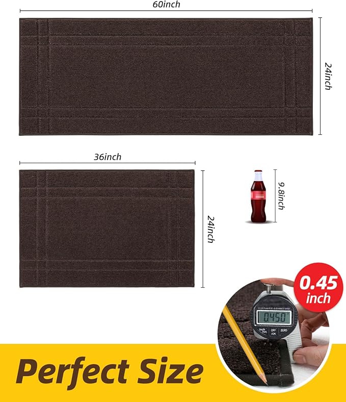 JSEI Kitchen Mats for Floor, Non-Slip Kitchen Rugs, Soft Washable Absorbent Kitchen Mats 2 PCS, Kitchen Runner Rug with TPR Backing, Polyester, 24"x36"+24"x60", Brown