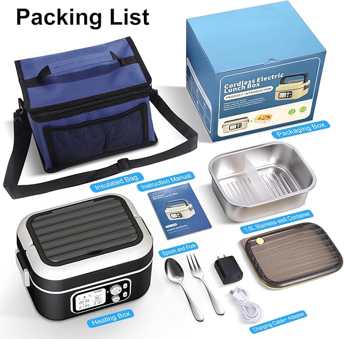 Cordless Electric Heated Lunch Box, 1.5L 6.3Cups 24000mAh Rechargeable Battery Self-Heating Lunch Box, Smart Timer, Even Heating, 100W Portable Food Warmer for Office, Picnic, Car, Outdoor