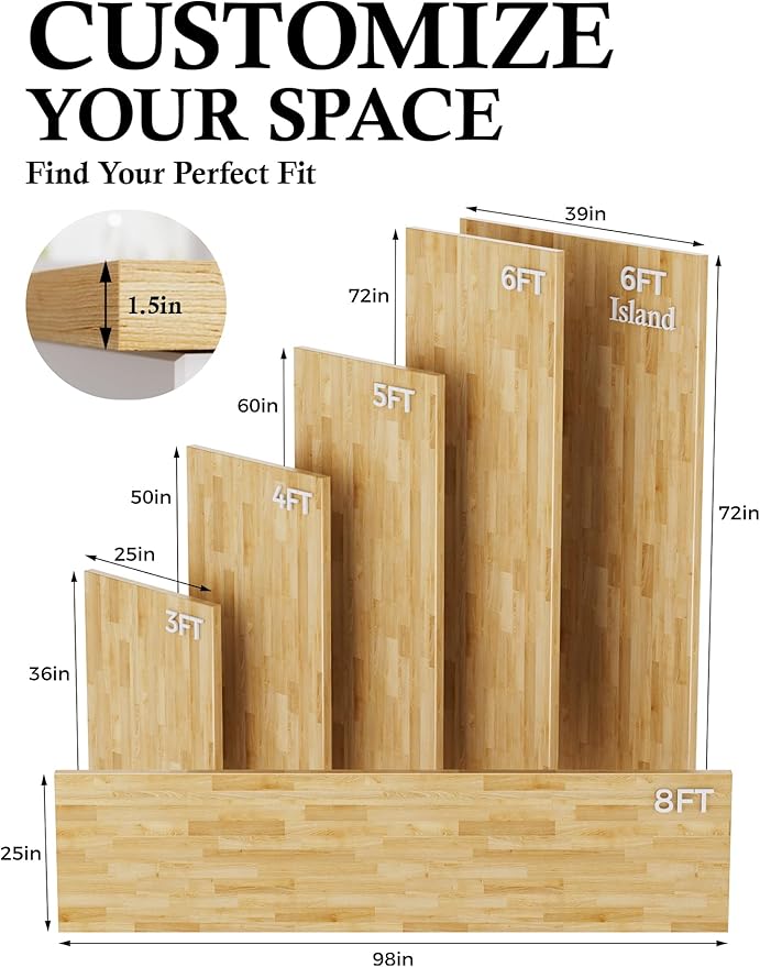 5FT Butcher Block Countertop Birch Solid Wood - 60" x 25" Table Top Butcher Block Cutting Board for Kitchen Island Living Dining Table Office Desk Workbench laundry Countertop Unfinished 1.5" Th