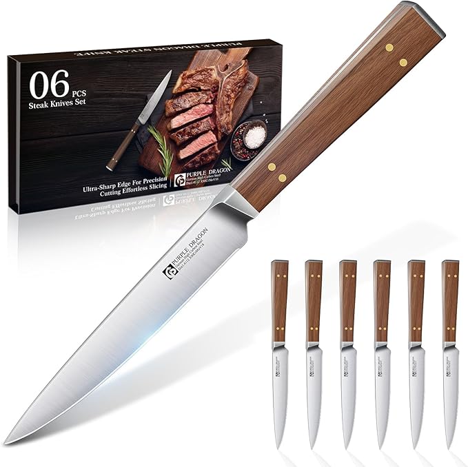 Purple Dragon Steak Knives Set of 6 - Smooth Edge Non-Serrated Blade with Square Wooden Handle – Elegant, Balanced, High Carbon German Steel - Christmas Gift for Men and Women