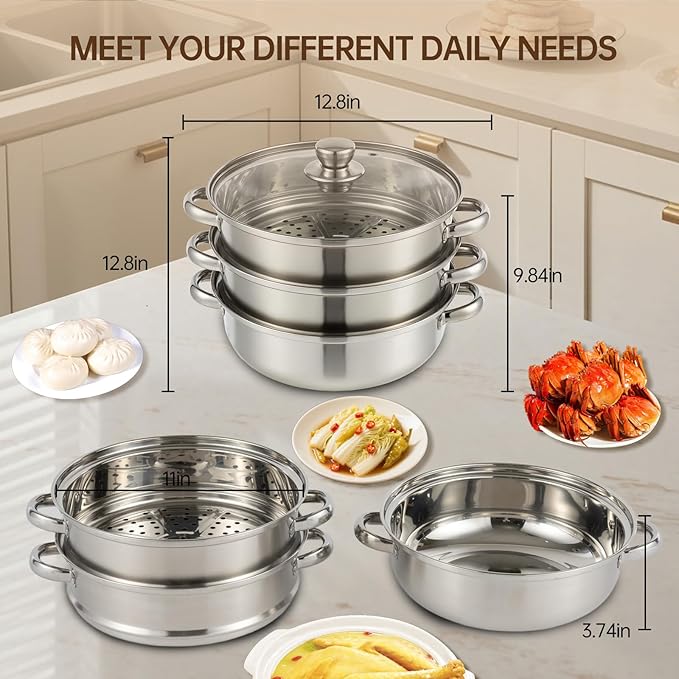 2-Tier Stainless Steel Steamer Pot with Lid, Multipurpose Steam Pots for Cooking, Vegetable & Dumpling Steamer Set with Durable Handles and Glass Lid for Fish, Meat, and Seafood (Silver 2)