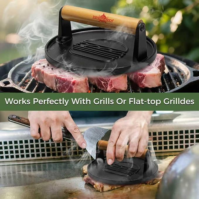 Cast Iron Smash Burger Press 7.1",Grill Bacon Meat Press Tool,Perfect for Blackstone, Camp Chef, Weber Grills & Indoor Griddles – BBQ & Cookout Must-Have (Grooved)