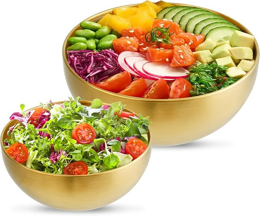 Akamino 2 Pack Stainless Steel Mixing Bowls, 5.9 & 7.9 Inch Gold Metal Salad Bowls, Soup Bowl, Noodle Bowl, Snack Bowl, Serving Bowls for Mixing, Cooking, Baking, Prepping - 700ML& 1200ML