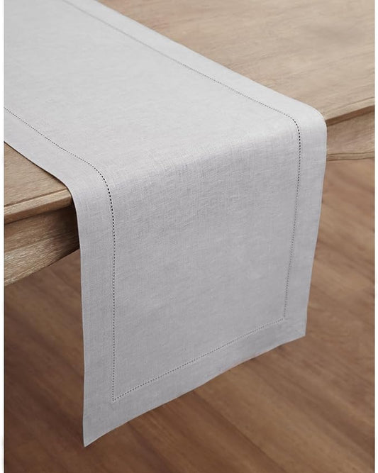 Solino Home Linen Soft Grey Table Runner 144 Inches Long - 100% Pure Linen Extra Long Table Runner 14 x 144 Inch for Spring, Easter - Classic Hemstitch