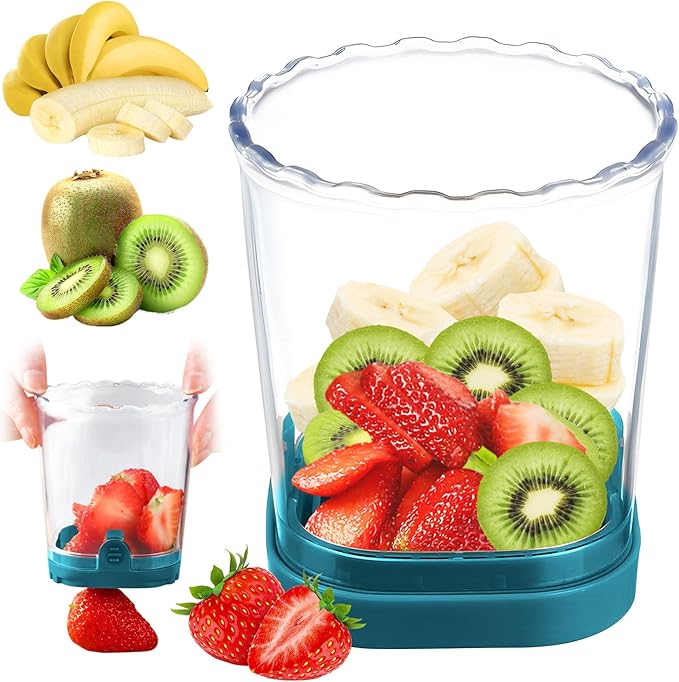 Strawberry Cutter Slicer Cup, Portable Fruit Slicer Cup, Stainless Steel Blade Strawberry Cutter Tool with Push Plate for Banana Egg Grape (Dark Blue)
