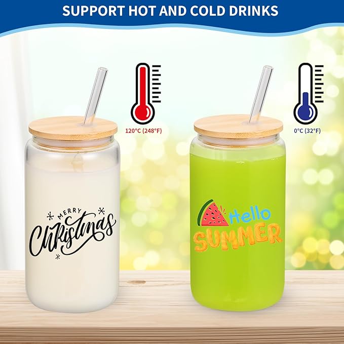 Sublimation Glass Blanks with Bamboo Lid, 16OZ Clear Sublimation Beer Cups with Glass Straws Gift Box for Christmas, Mason Jar Cups Mug Travel Tumbler for Juice, Iced Coffee, Drinks (8 PACK)