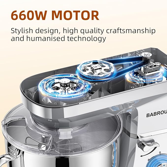 Babroun Dough Mixer 8.45 QT Electric Mixer - 660W 6 Speed Large Capacity Kitchen Stand Mixer with Whisk Dough Hook Mixing Beater Household Food Mixer for Baking Cakes Cookie Bread Salad