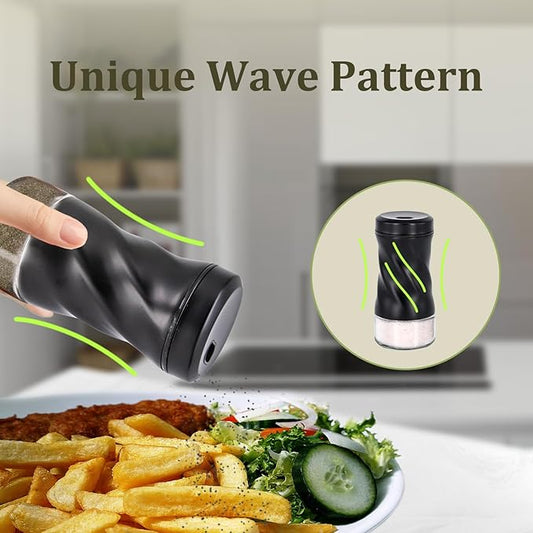 Black Salt and Pepper Shakers with Adjustable Pour Hole by NEODACO, Modern Glass Salt Shaker with Stainless Steel Lids for Kitchen Gadgets Table, RV, Ideal for Himalayan, Kosher, and Black Pepper