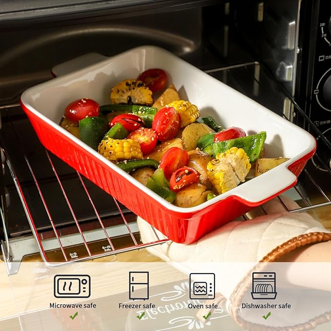 Hasense Casserole Dishes for Oven, Rectangular Baking Dishes Set of 3, Porcelain Lasagna Pans with Handles, Ceramic Baking Pans Set for Cooking, Christmas Party Birthday Gifts, Red(15"/12.2''/8.3'')