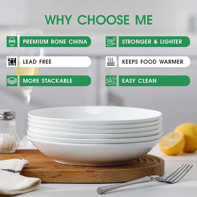 Bone China Pasta Bowls Set of 6, 25.7oz Salad Bowl White Soup Bowls, 8 inch Pasta Bowls Lightweight Wide Shallow Kitchen Plates for Serving Dinner - Microwave Dishwasher Safe, Kitchen Gifts